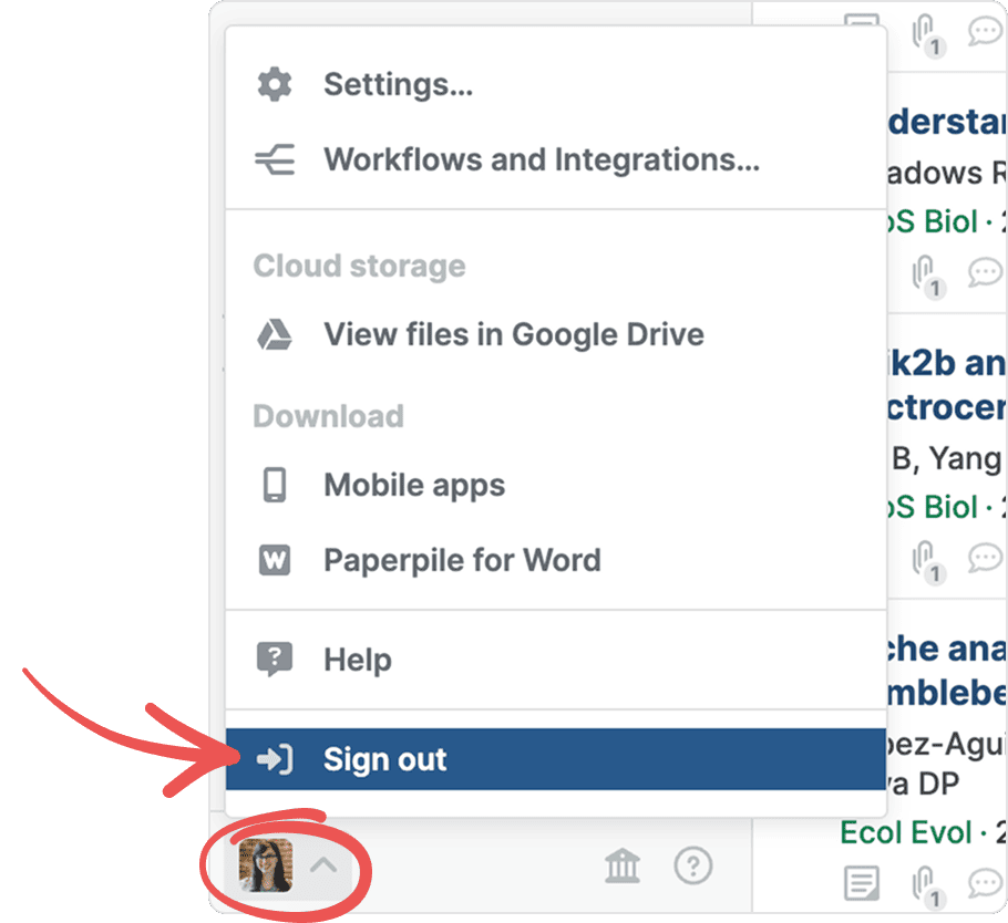 The profile menu opened from the circled avatar at the foot of the sidebar, with a red arrow pointing to the highlighted “Sign out” entry below Settings, Workflows and Integrations, Cloud storage, Download and Help.